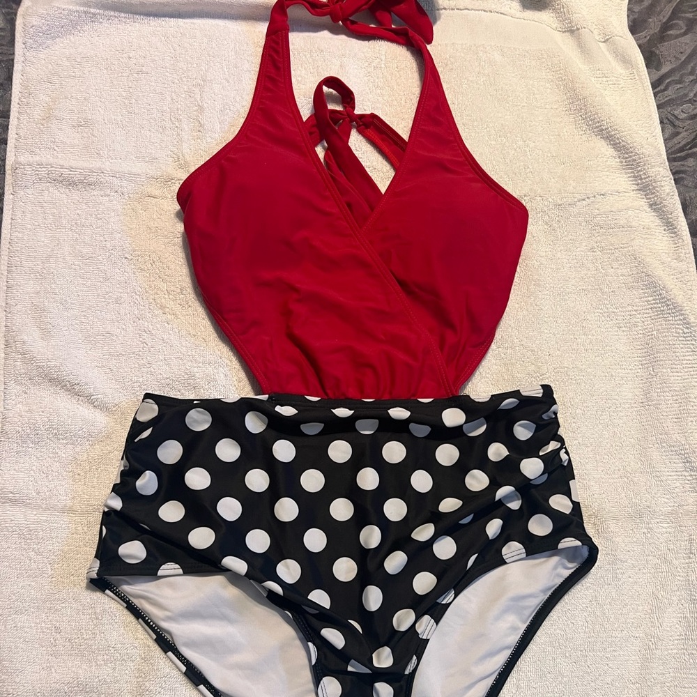 Red and Black Polka Dot woman’s One Piece Swimsuit